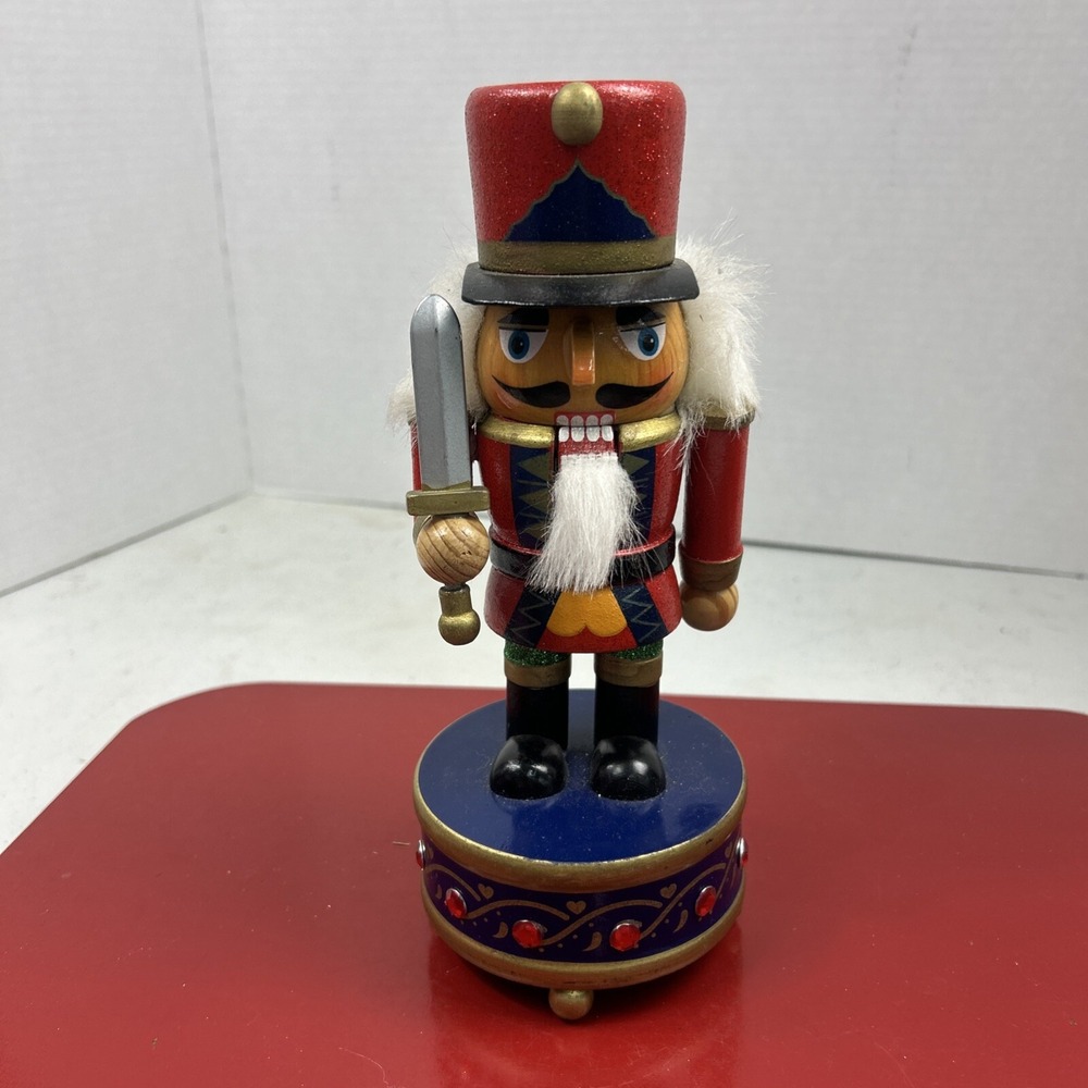 Wooden Nutcracker Wind-up Musical Marching Soldier w/ Sword 9" Christmas Decor.